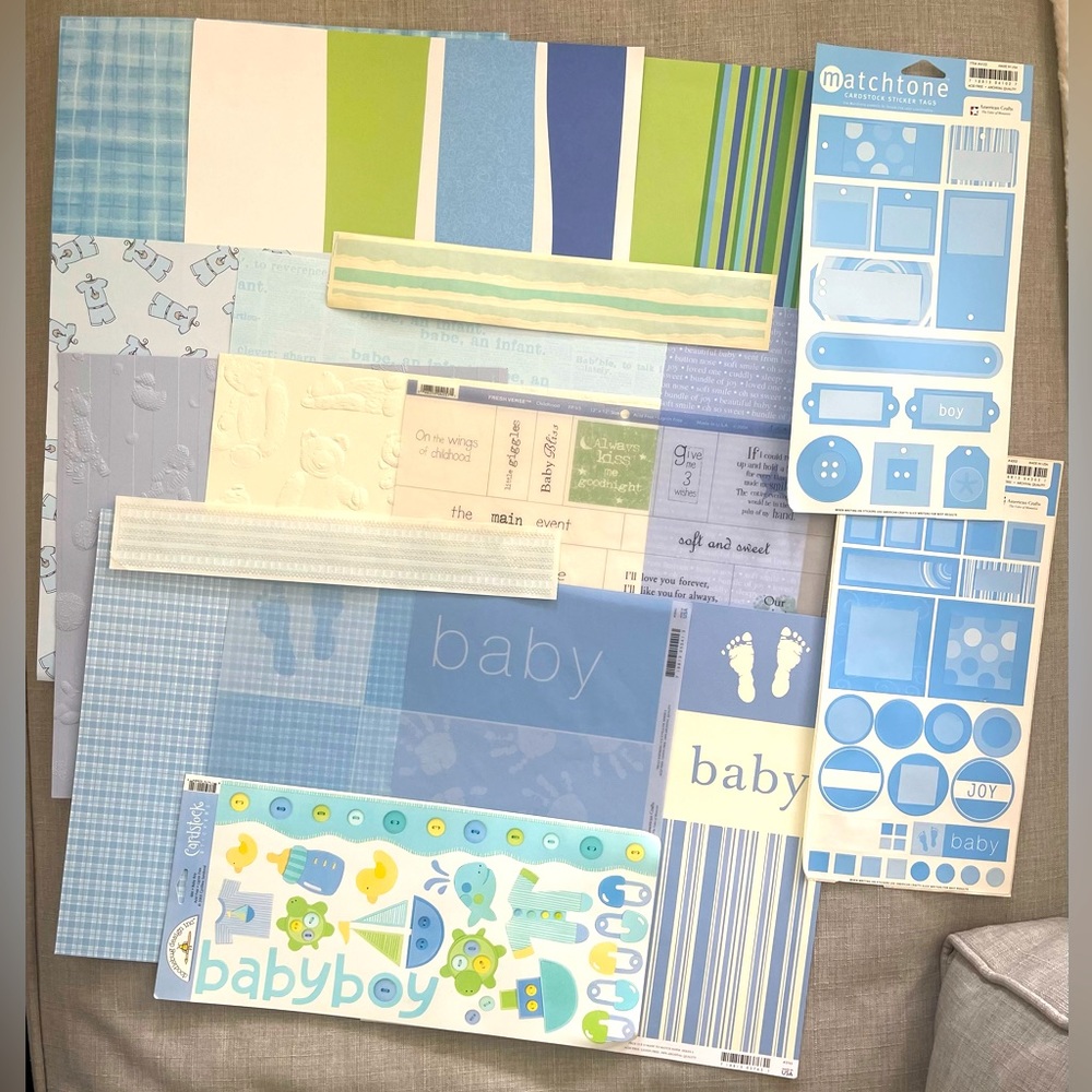 Scrapbook sheets and Stickers for baby boy. Blue and green. 12”x12”